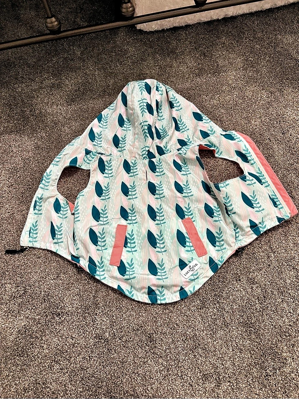 Lucy & Co. Leaf Pattern Reversible Dog Raincoat. Pink & Blue Medium